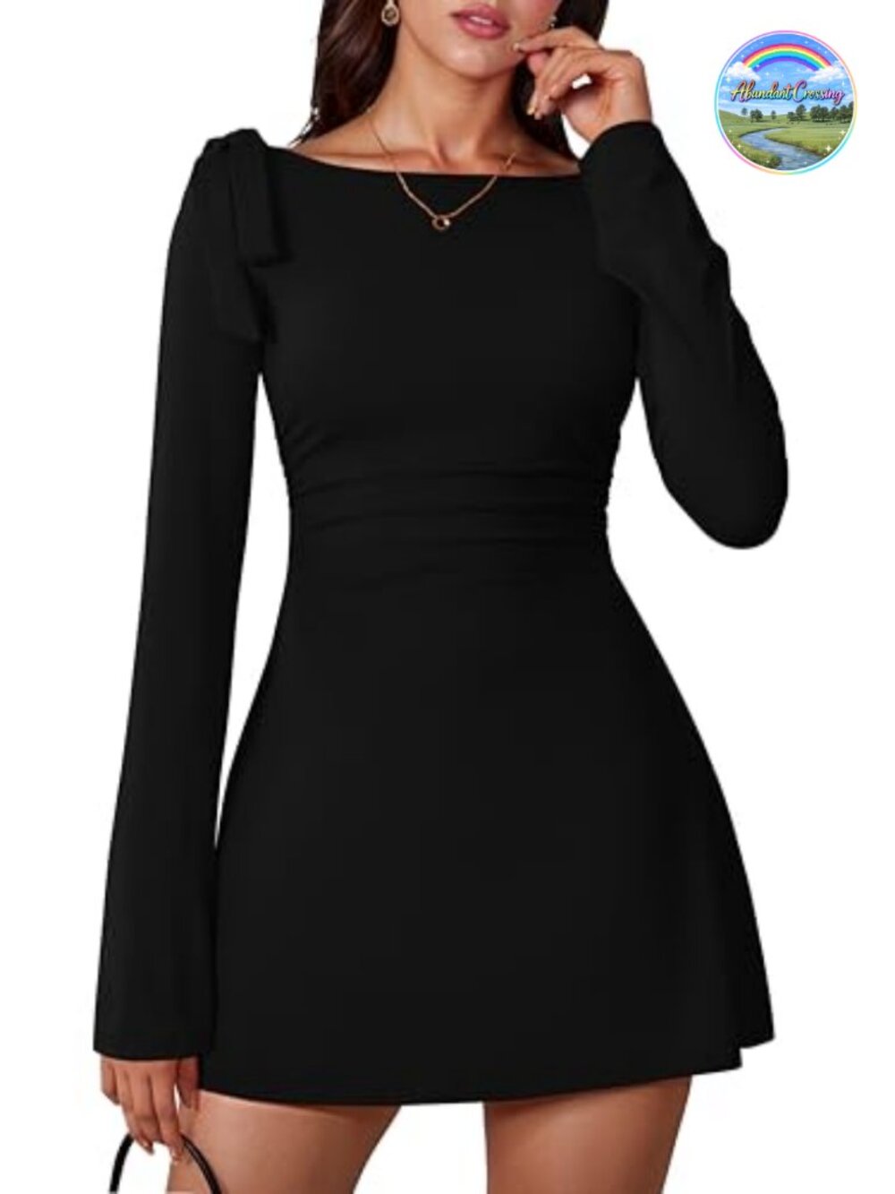 Women's Long Sleeve Boat Neck Bow Tie Ruched Bodycon Mini Dress